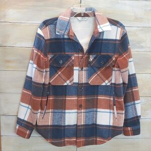 Alpine design fleece blue rustic brown plaid women wool blend shacket size S